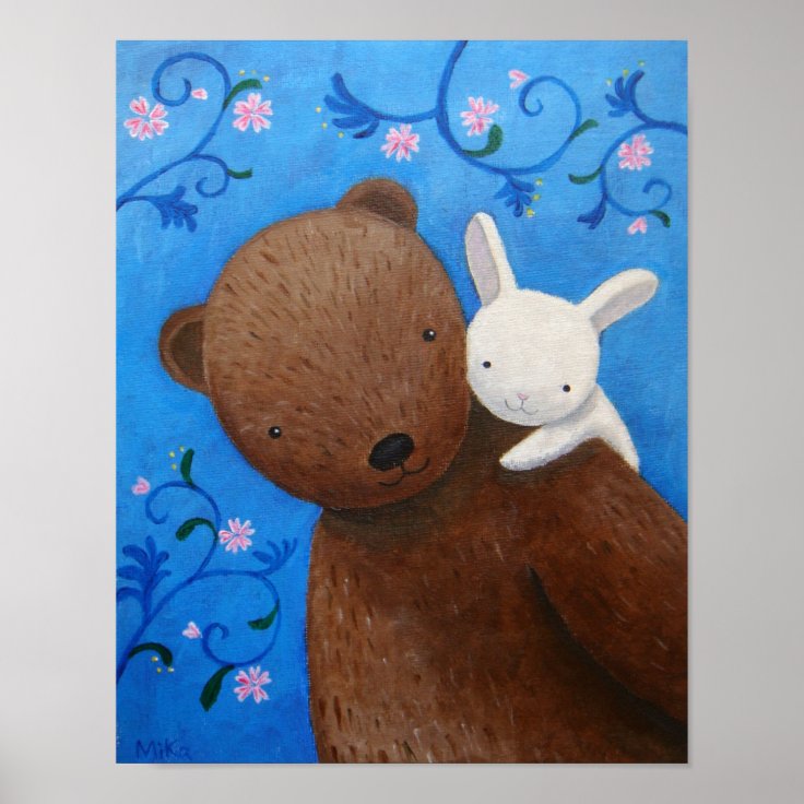 Bear & Bunny Woodland Sweet Love Flowers Poster | Zazzle