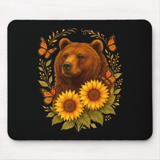 Bear Butterfly Nature Rustic Sunflower Monarch Art Mouse Pad (Front)
