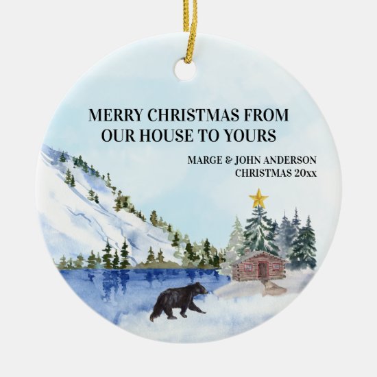 Bear Cabin Lake Mountains From Our House To Yours Ceramic Ornament