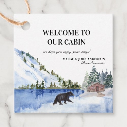 Bear Cabin Lake Mountains Welcome Favor Tags
