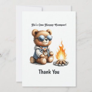 Bear Camping Boy "One Happy Camper" 1st Birthday Thank You Card