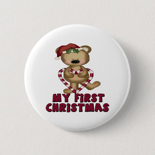 Bear & Candy Cane Baby's First Christmas Button (Front)