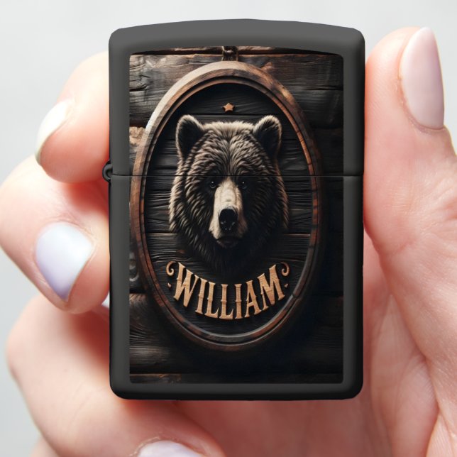 Bear Carved Wooden Sign Zippo Lighter (In Hand)