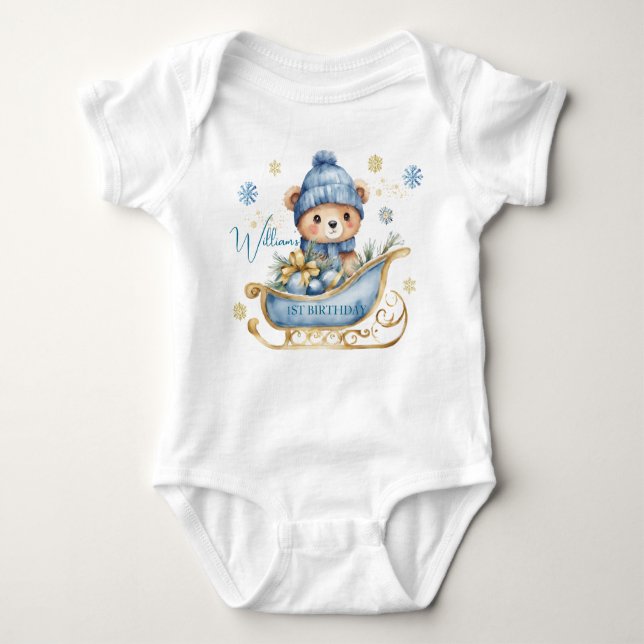 Bear Christmas One First Birthday Winter Baby Bodysuit (Front)