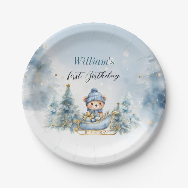 Bear Christmas One First Birthday Winter Paper Plates (Front)