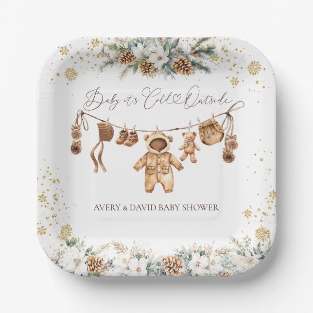 Bear ClothestLine Cold Outside Baby Shower Paper Plates (Front)