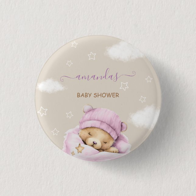 Bear clouds baby girl shower  button (Front)