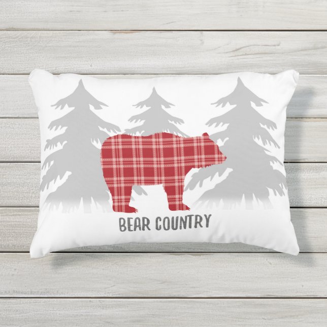 Bear Country Outdoor Pillow Red Plaid and Gray (Front)