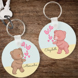 Bear Couple in Love Blue Personalized Keychain<br><div class="desc">The bear couple in love on two tones background color: soft blue and cream with personalized name.  The brown bear is pairing with pink bear on the other side of the keychain.  It is perfect as a gift to your best friends,  girlfriend,  boyfriend,  brother or sister.</div>