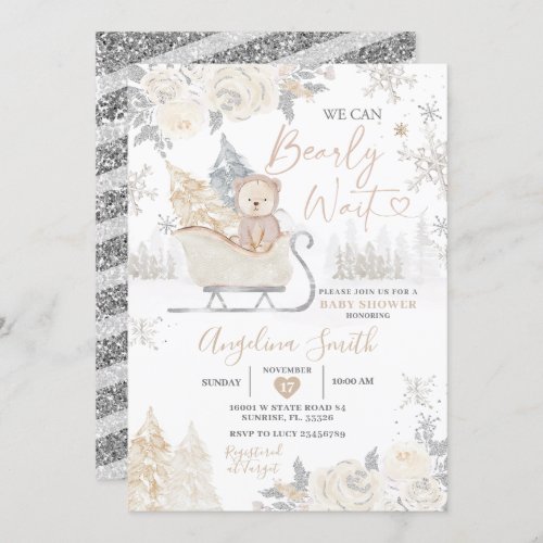 Bear Creamy White Snowflake Floral Baby Shower Invitation