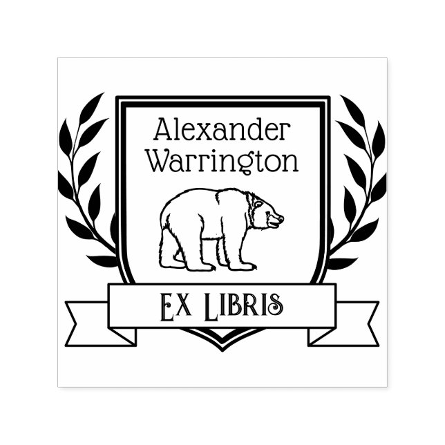 Bear Crest Ribbon Ex Libris Library Book Name Self-inking Stamp (Design)
