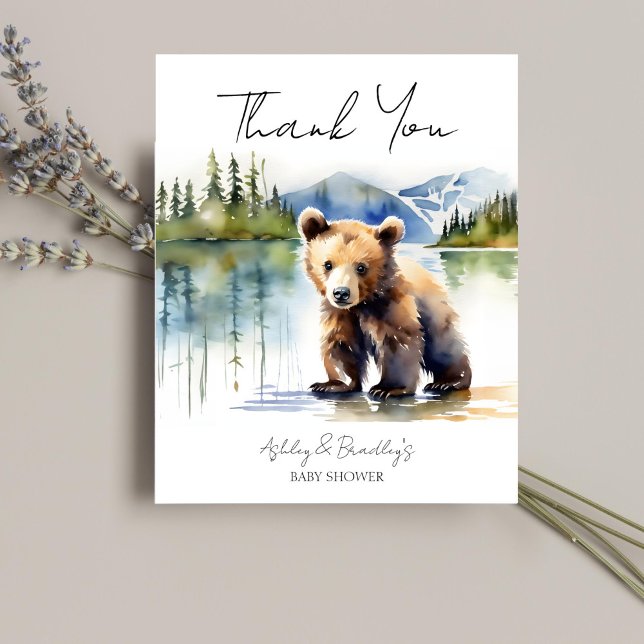 Bear cub adventure awaits baby shower thank you (Adventure awaits bear cub baby shower thank you card watercolor cute baby bear Alaska wilderness )