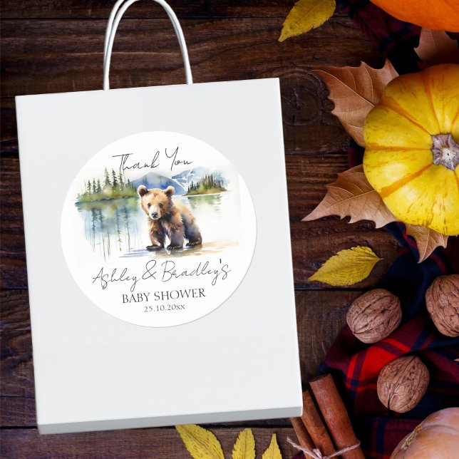 Bear cub adventure awaits baby shower thank you classic round sticker (Bear cub adventure awaits baby shower thank you favor gift stickers watercolor cute bear in Alaska )