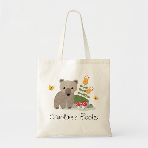 Bear cub and butterflies personalized library book tote bag