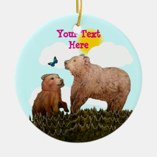 Bear Cub and Mother with Butterfly Ceramic Ornament