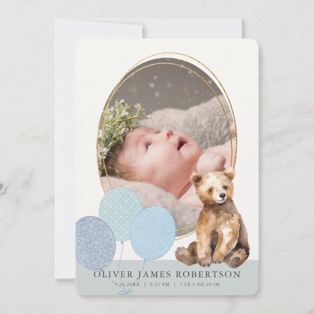 Bear Cub Balloons Boy Birth Announcement (Front)