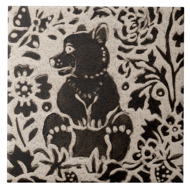 Bear Cub Batik Stoneware Woodland Animal Tan Gray Ceramic Tile (Front)