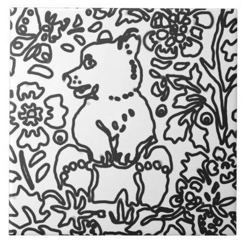 Bear Cub Black White Drawing Woodland Animal Ceramic Tile