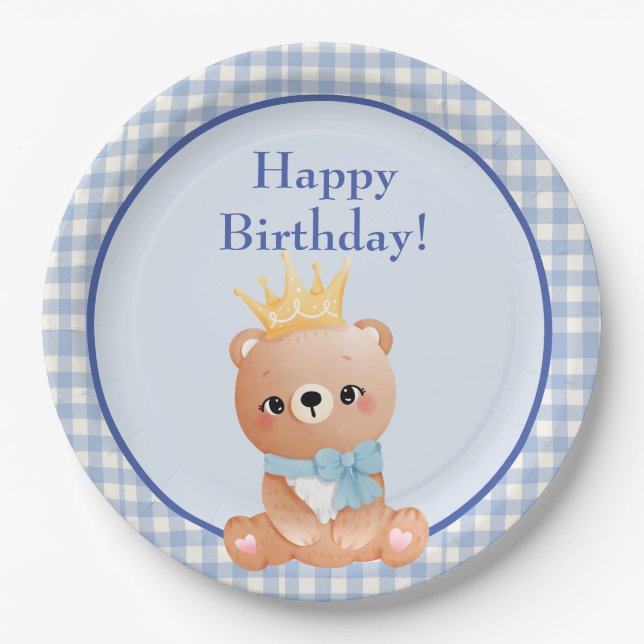 Bear Cub Blue Checker Happy Birthday Paper Plates (Front)