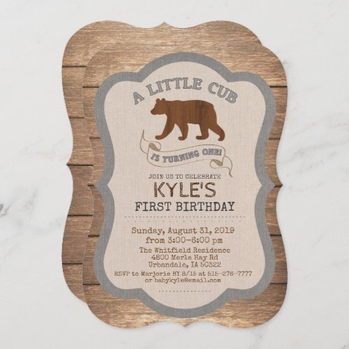 Bear Cub Boy 1st Birthday Invitation