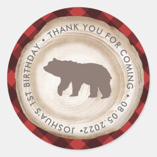 Bear Cub Buffalo Plaid Birthday Party Thank You Classic Round Sticker
