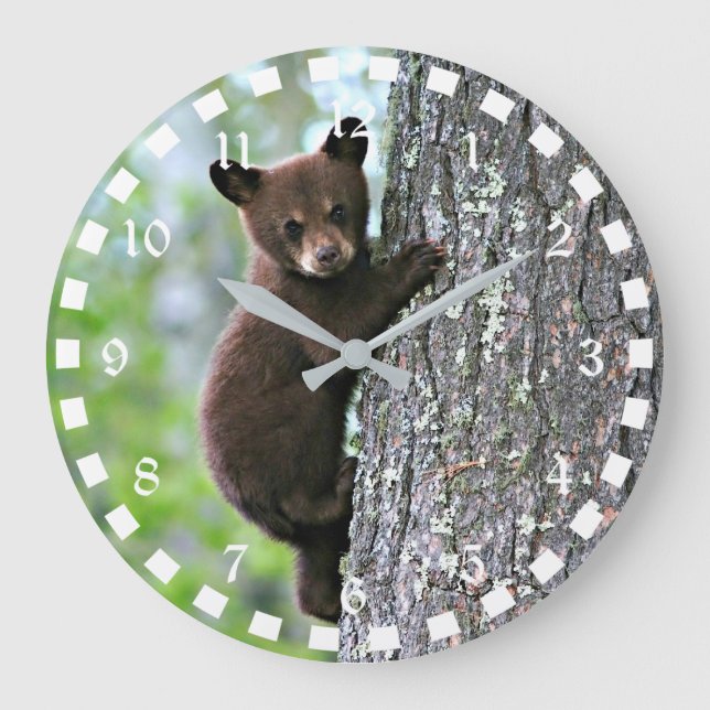 Bear Cub Climbing a Tree Large Clock (Front)