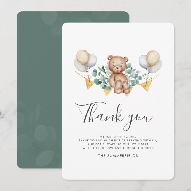 Bear Cub Eucalyptus Balloons Script Baby Shower Thank You Card (Front/Back)
