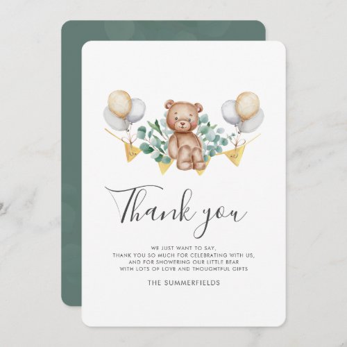 Bear Cub Eucalyptus Balloons Script Baby Shower Thank You Card