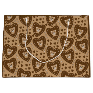 Bear Cub Face and Brown Heart Pattern Gift Bag