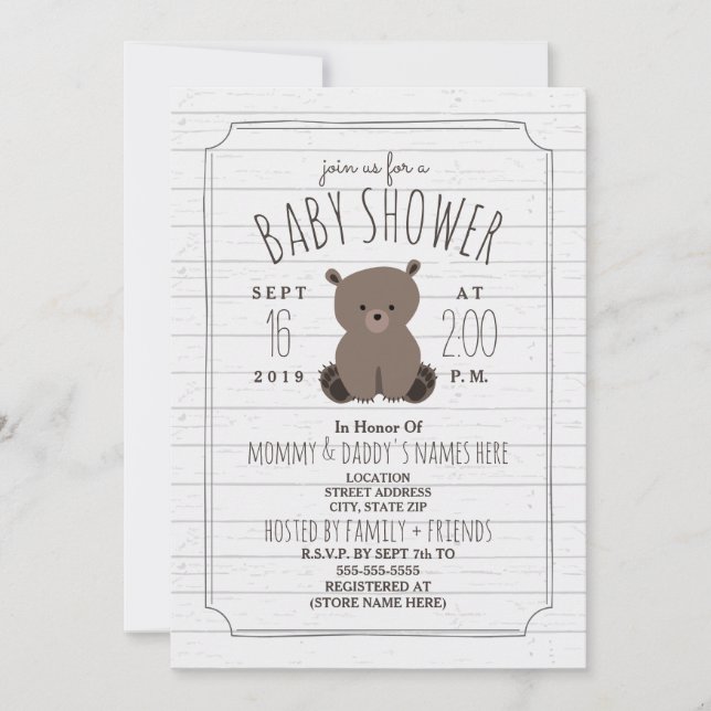 Bear Cub Gray Wood Baby Shower Invitation (Front)
