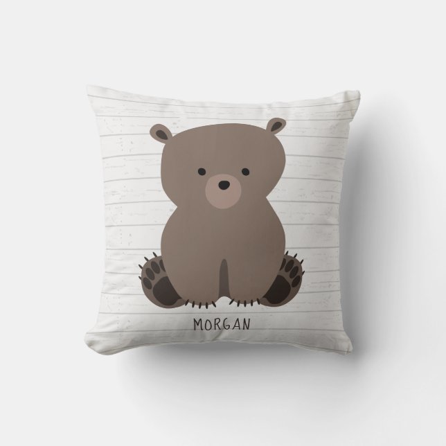 Bear Cub Gray Wood Throw Pillow (Front)