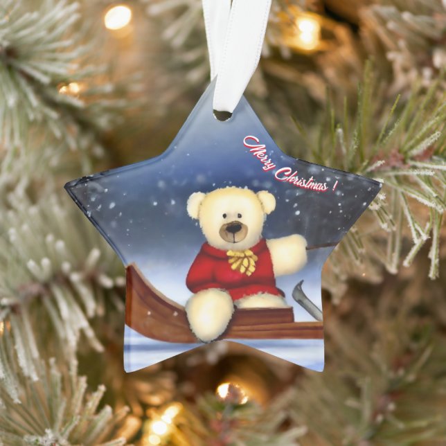 Bear cub in a sleigh in the snow ornament (Tree)