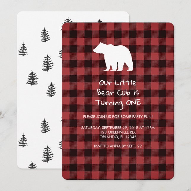 Bear Cub is Turning One Birthday Party Invitation (Front/Back)