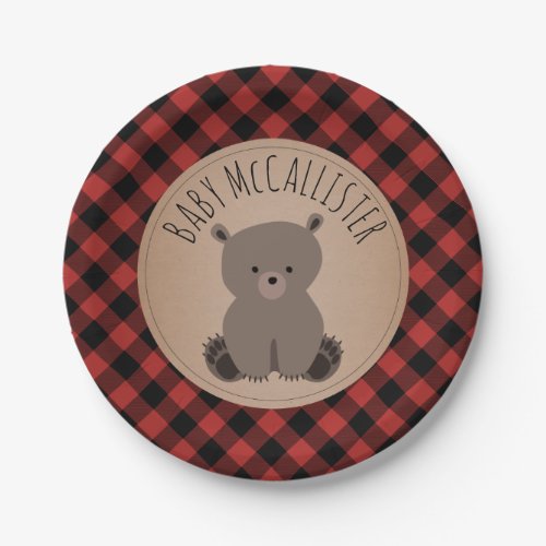 Bear Cub Lumberjack Plaid Baby Shower Paper Plates