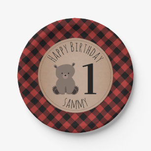 Bear Cub Lumberjack Plaid Birthday Party Paper Plates