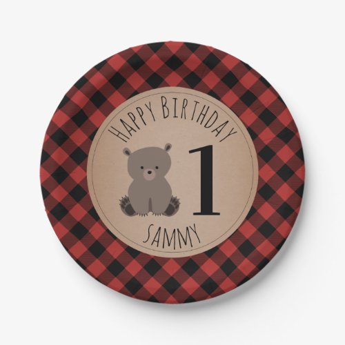 Bear Cub Lumberjack Plaid Birthday Party Paper Plates