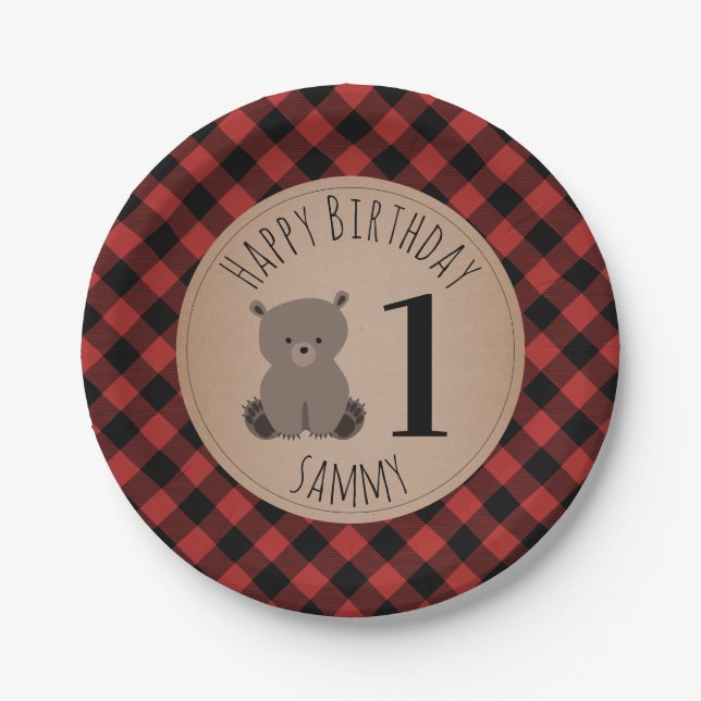 Bear Cub Lumberjack Plaid Birthday Party Paper Plates (Front)