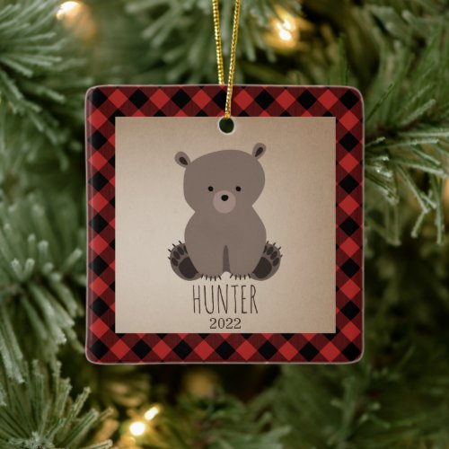 Bear Cub Plaid Baby Cub First Christmas Ceramic Ornament