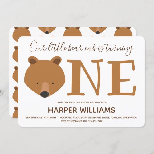 Bear Cub Turning One Cute Animal 1st Birthday Invitation