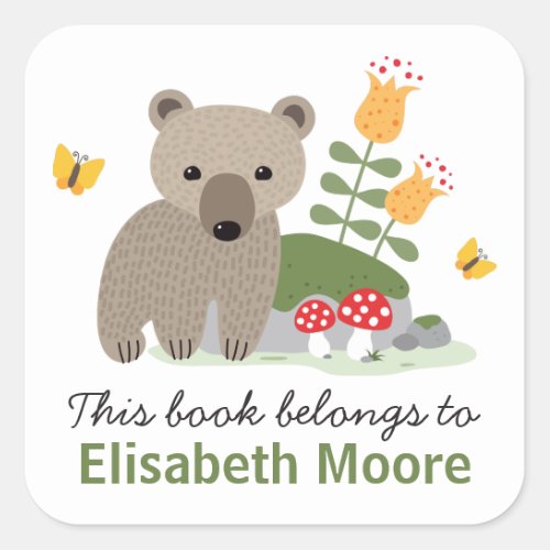 Bear cub with flowers and buttflies bookplate book