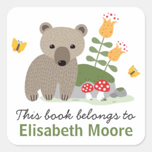 Bear cub with flowers and buttflies bookplate book