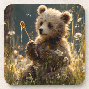 Bear Cub with Honey in a Wildflower Meadow Beverage Coaster