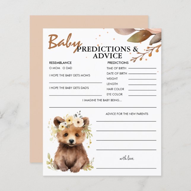 Bear Cub Woodland Baby Predictions & Advice Card (Front/Back)