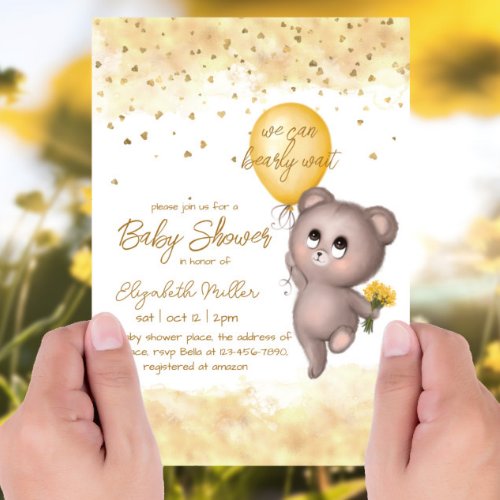 Bear Cub Yellow Balloon Gender Neutral Baby Shower Invitation