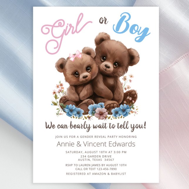 Bear Cubs Gender Reveal Party Invitation (Sweet baby bear cubs with pink and blue flowers gender reveal invitation. Simply add your details.)