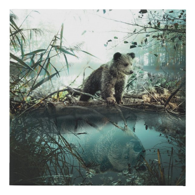 Bear Cub's Reflection Faux Canvas Print (Front)