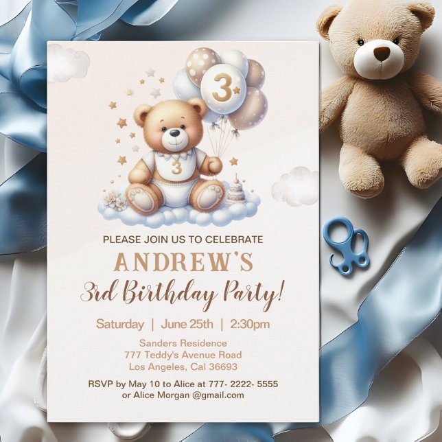 Bear Cute 3rd Birthday Party – Brown Teddy Bear Invitation (Creator Uploaded)