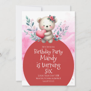Bear Cute Heart Hugging Watercolor Birthday  Invitation