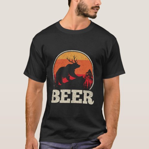 Bear Deer Antlers Funny Beer Retro Camping Graphic T_Shirt