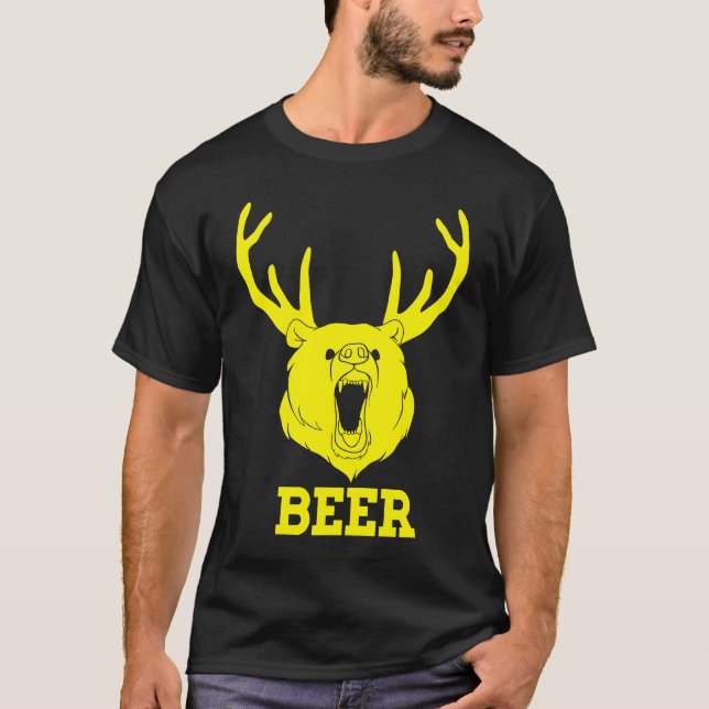 Bear Deer Antlers Funny Craft Beer Retro Graphic T T-Shirt (Front)